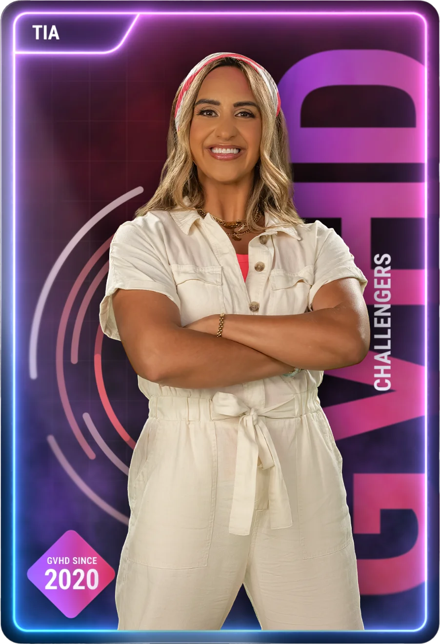 Coral trading card features a young woman in a white jumpsuit and pink shirt smiling at the camera with crossed arms.